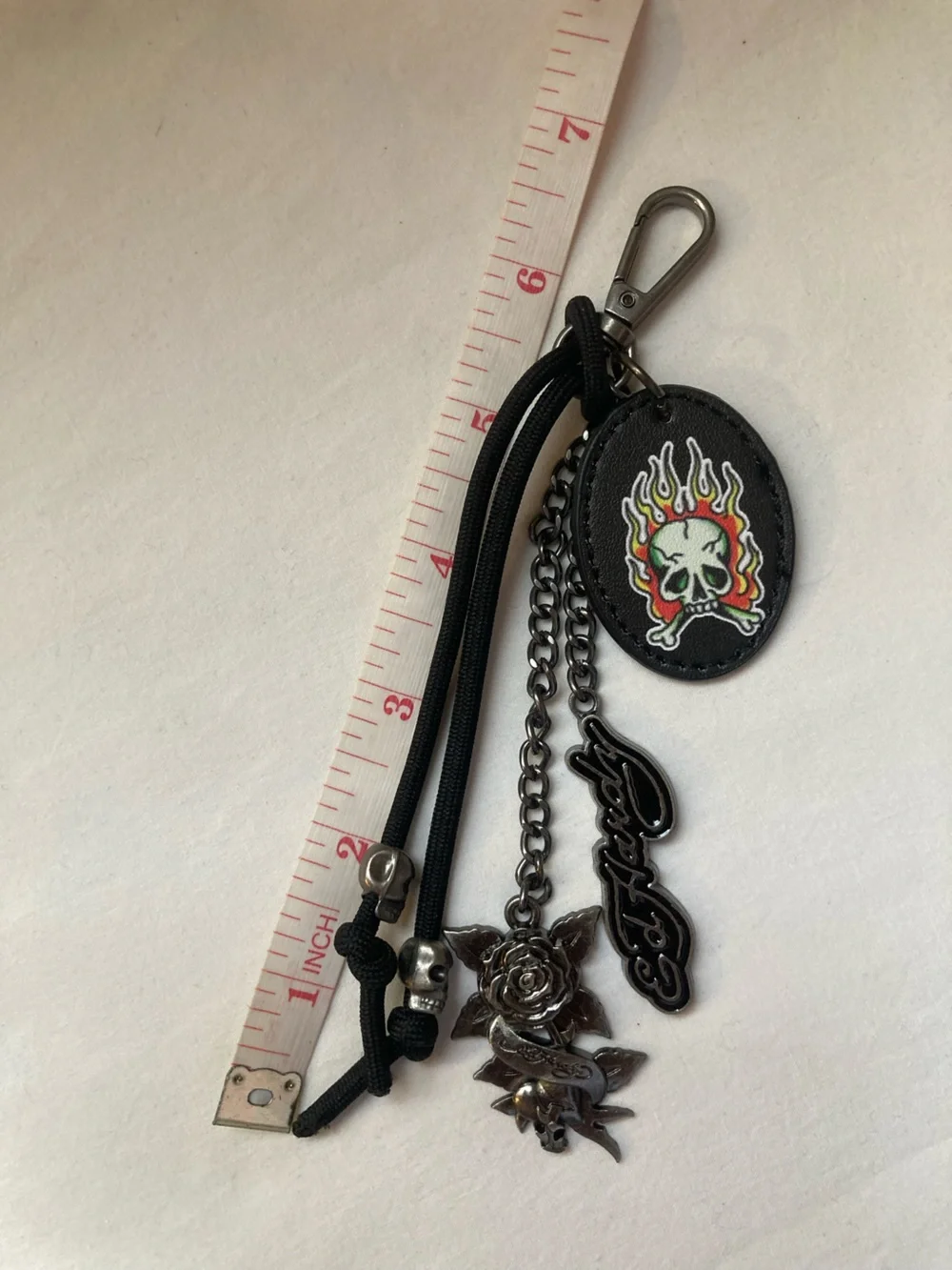 Ed Hardy Black Flame Skull Keychain with Red and Yellow Accent